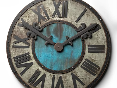 Vintage Round Wall Clock With Roman Numerals Blue Center Dial Rustic Metal Frame 3d model