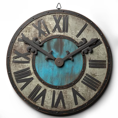 Vintage Round Wall Clock With Roman Numerals Blue Center Dial Rustic Metal Frame 3d model