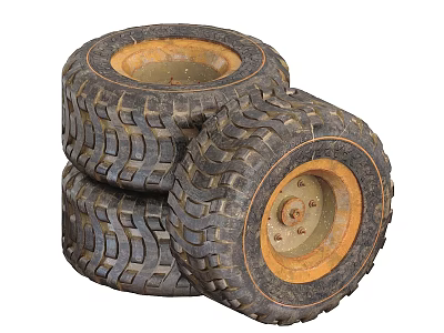 Three Worn Tires With Deep Tread Pattern And Yellow Rims 3d model