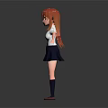 Anime Style 3D Character Model With Red Hair Blue Eyes White Shirt Dark Blue Skirt