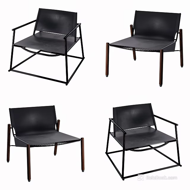 Stylish Modern Leisure Chair Design With Black Leather Seat Armrests And Metal Wood Legs 3d model 