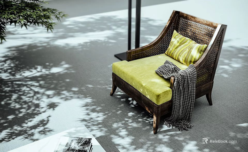 Woven Rattan Lounge Chair with Green Cushion Striped Pillow and Plaid Blanket in Shadowy Light 3d model 