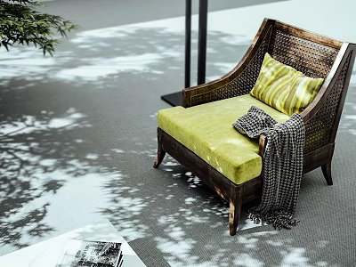 Woven Rattan Lounge Chair with Green Cushion Striped Pillow and Plaid Blanket in Shadowy Light 3d model