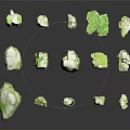 Irregular Shaped Green White Wood Stone Decorative Pieces With Reflections On Dark Surface