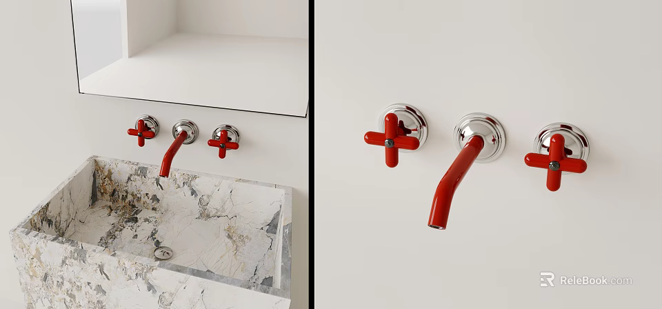 Bathroom Fixtures With Red Faucets Cross Handles And Marble Sink 3d model 