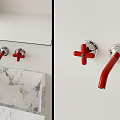 Bathroom Fixtures With Red Faucets Cross Handles And Marble Sink