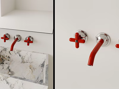 Bathroom Fixtures With Red Faucets Cross Handles And Marble Sink 3d model
