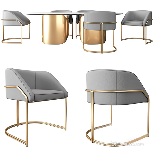 Luxury Modern Dining Table Set With Gray Upholstered Chairs And Gold Metal Frame 3d model 
