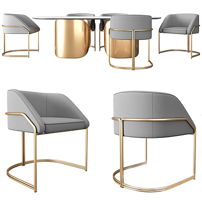 Luxury Modern Dining Table Set With Gray Upholstered Chairs And Gold Metal Frame 3d model