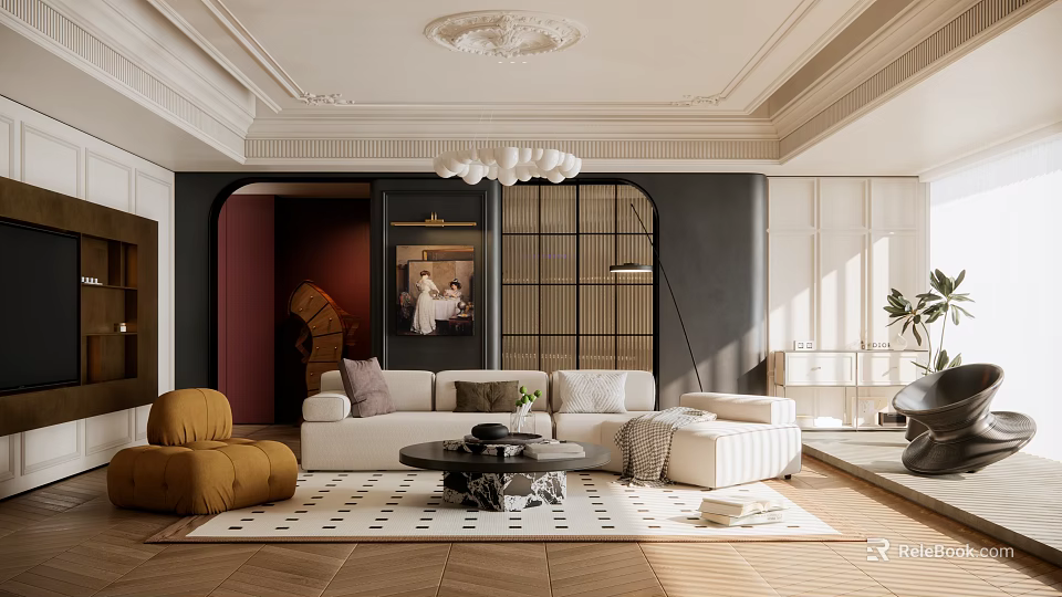 Modern Luxury Living Room Interior With Beige Sofa Brown Armchair And Black White Geometric Rug 3d model 