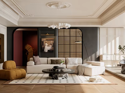 Modern Luxury Living Room Interior With Beige Sofa Brown Armchair And Black White Geometric Rug 3d model