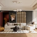 Modern Luxury Living Room Interior With Beige Sofa Brown Armchair And Black White Geometric Rug