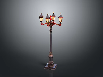Vintage Street Lamp With Four Lamps Red Arms And Decorative Metal Pole 3d model