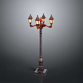 Vintage Street Lamp With Four Lamps Red Arms And Decorative Metal Pole