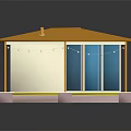 Cartoon Style Pavilion Scene With Yellow Roof Transparent Blue Windows And Pink Base