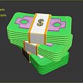 Stacked Green Paper Money Bundled With White And Yellow Strips 3d model