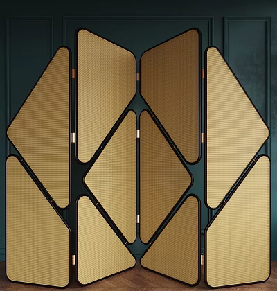 Modern Interior Decorative Screen With Geometric Gold Panels And Dark Frame Design 3d model