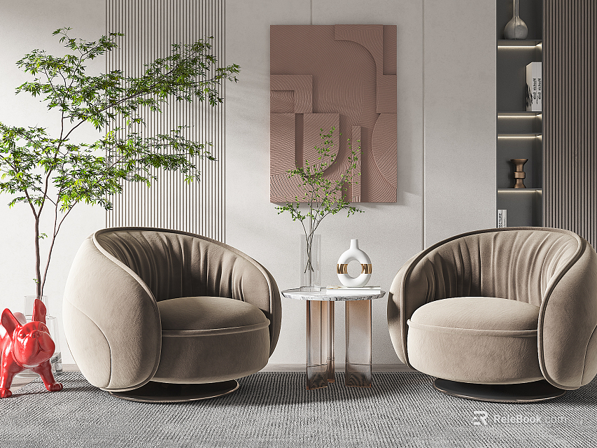 Beige Round Velvet Leisure Sofa Set With Central Side Table Green Plant And Abstract Painting 3d model 