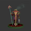 A Man Wearing Traditional Hat With Smoke Holding Lantern And Staff On Red Base
