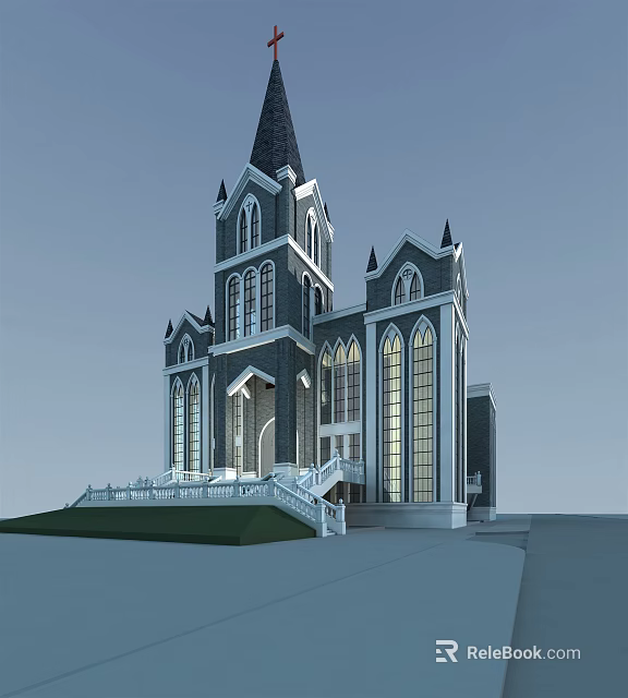 Gothic Christian Church Architecture With Tall Spire Stained Glass Windows And Lawn Area 3d model 