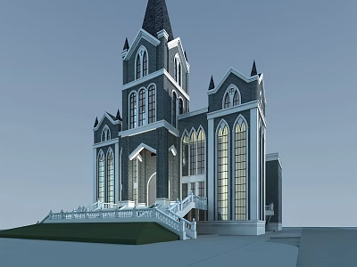 Gothic Christian Church Architecture With Tall Spire Stained Glass Windows And Lawn Area 3d model