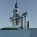 Gothic Christian Church Architecture With Tall Spire Stained Glass Windows And Lawn Area