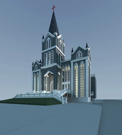 Gothic Christian Church Architecture With Tall Spire Stained Glass Windows And Lawn Area 3d model