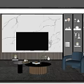 Modern Living Room TV Wall With White Marble Wooden Strips Black TV And Glass Display Cabinet