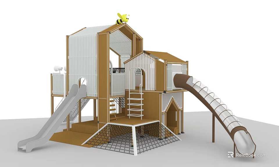 Kids Outdoor Playground Equipment With Playhouse Structure Slides Climbing Net And Stairs 3d model 