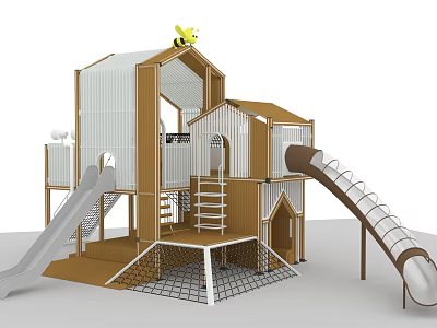 Kids Outdoor Playground Equipment With Playhouse Structure Slides Climbing Net And Stairs 3d model