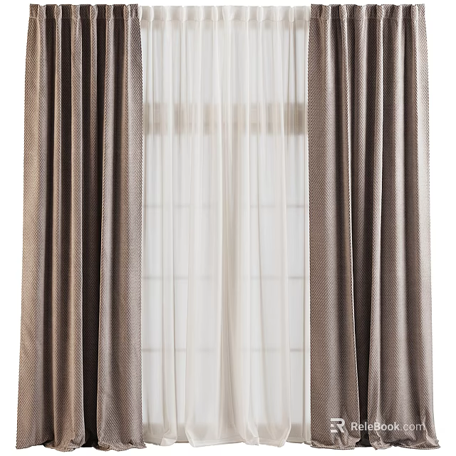 Double Layer Brown Curtains With White Sheer For Home Window Decoration 3d model 