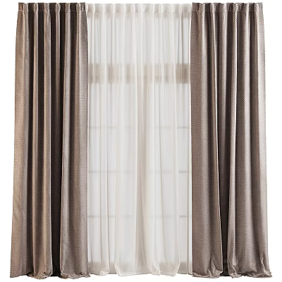 Double Layer Brown Curtains With White Sheer For Home Window Decoration 3d model