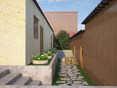 Traditional Garden Landscape With Yellow Brown Walls Stone Steps Paved Path Green Plants Flower Beds 3d model