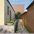 Traditional Garden Landscape With Yellow Brown Walls Stone Steps Paved Path Green Plants Flower Beds
