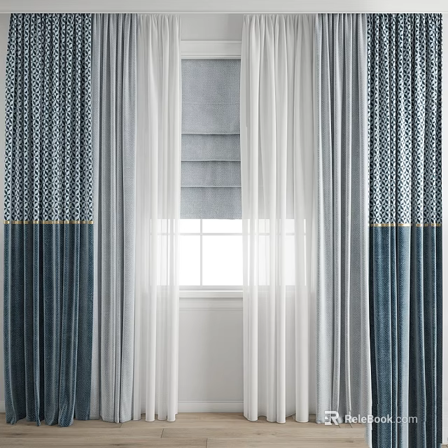 Layered Navy Blue and White Curtains with Geometric Pattern for Window Decor 3d model 