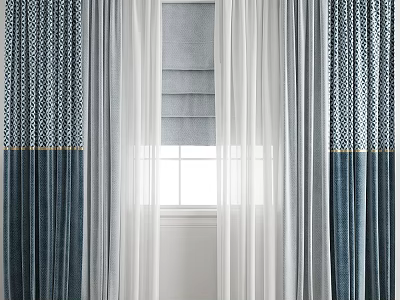 Layered Navy Blue and White Curtains with Geometric Pattern for Window Decor 3d model