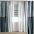Layered Navy Blue and White Curtains with Geometric Pattern for Window Decor