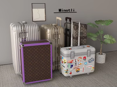 Minotti Assorted Luggage Collection Featuring Different Colors Patterns And Sticker Designs 3d model