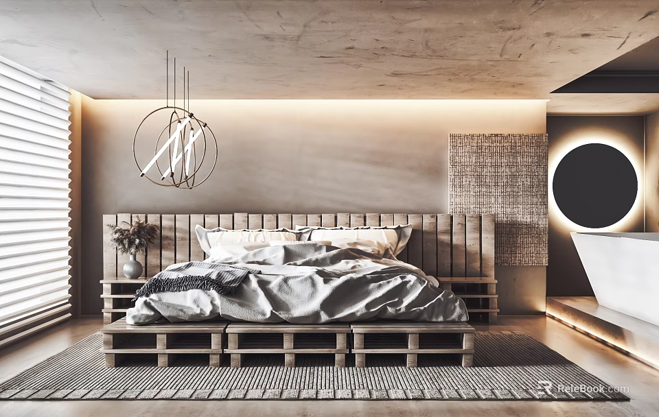 Modern Bedroom Interior With Wooden Bed Gray Bedding Concrete Ceiling And Modern Pendant Light 3d model 