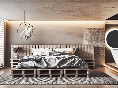 Modern Bedroom Interior With Wooden Bed Gray Bedding Concrete Ceiling And Modern Pendant Light 3d model