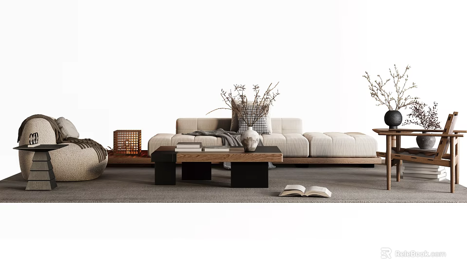 Modern Sofa Coffee Table Set In Living Room Interior With Decorative Vase And Books 3d model 
