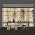 Serene Traditional Tea Room Interior With Wooden Lattice Wall Tea Table And Tea Sets