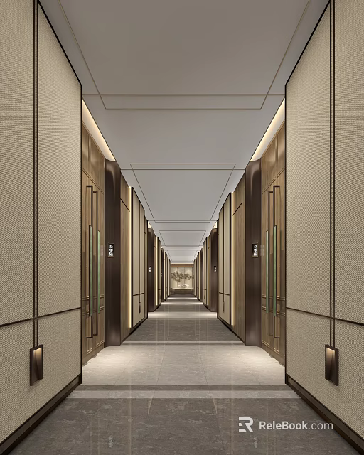 Elegant Hotel Corridor Featuring Light Colored Walls Ceiling Design And Sleek Lighting 3d model