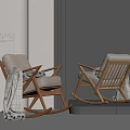 Modern Designer Wooden Rocking Chair With Comfortable Cushioned Seat And Plaid Blanket