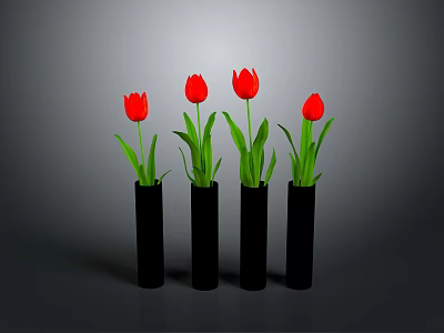 Four Red Tulips In Black Vases For Home Decor And Living Room Decoration 3d model