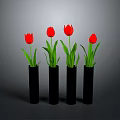 Four Red Tulips In Black Vases For Home Decor And Living Room Decoration