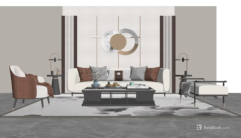 Sofa And Coffee Table Set With White Sofa Brown Gray Cushions Black Table Decor 3d model