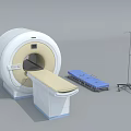 Medical Equipment Setup with MRI Machine Stretcher and IV Stand