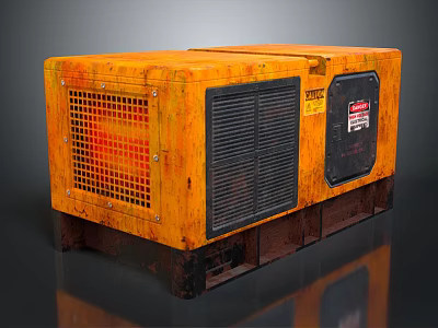 Rugged Industrial Computer Unit With Orange Casing Grille Black Panel And Warning Label On Rusty Pallet 3d model