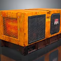 Rugged Industrial Computer Unit With Orange Casing Grille Black Panel And Warning Label On Rusty Pallet
